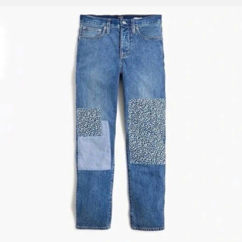 J.Crew Slim Boyfriend Patchwork Jeans Medium‎ Wash Blue Floral Denim Size 24
